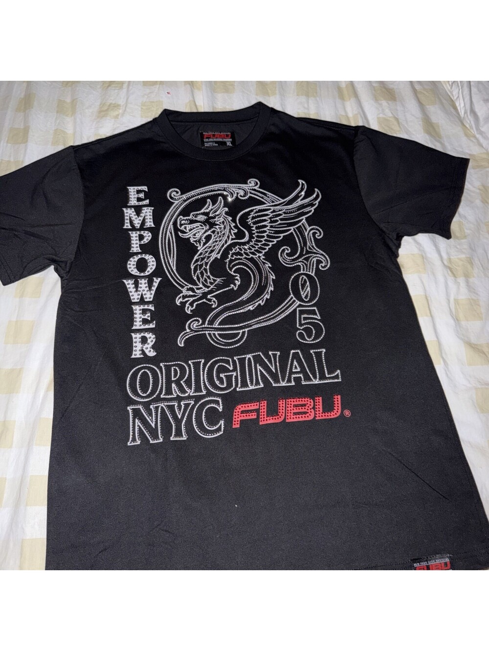 FUBU Men’s empower, original Rhinestone Bling Y2K-era T-Shirt, Size XL